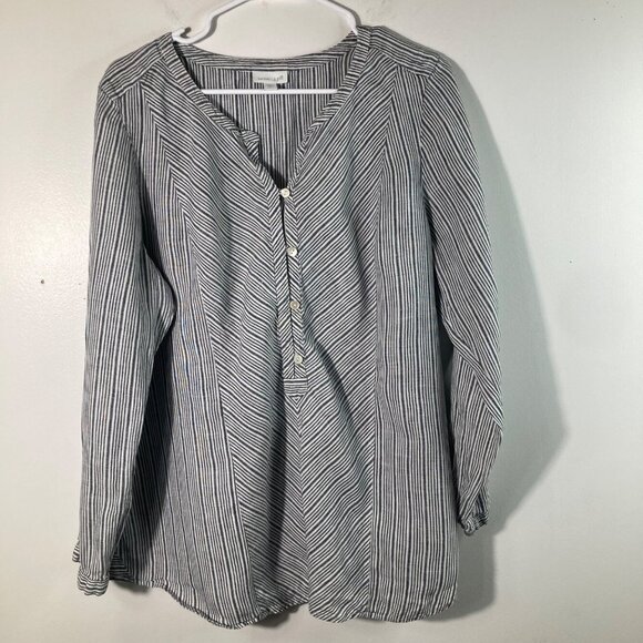 Womens J Jill Linen 1/2 Button V Neck Striped Tunic Gray White LP Long Sleeve - Picture 1 of 9
